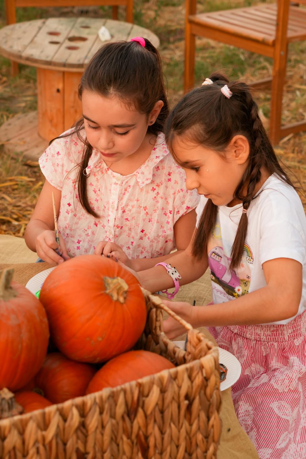 Due bambine scelgono le zucche da un grande cesto di vimini
